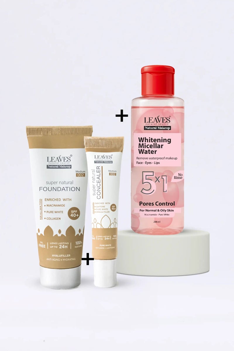 LEAVES Natural Beauty Routine (Foundation Dark – Concealer Dark – Makeup Remover oily skin )