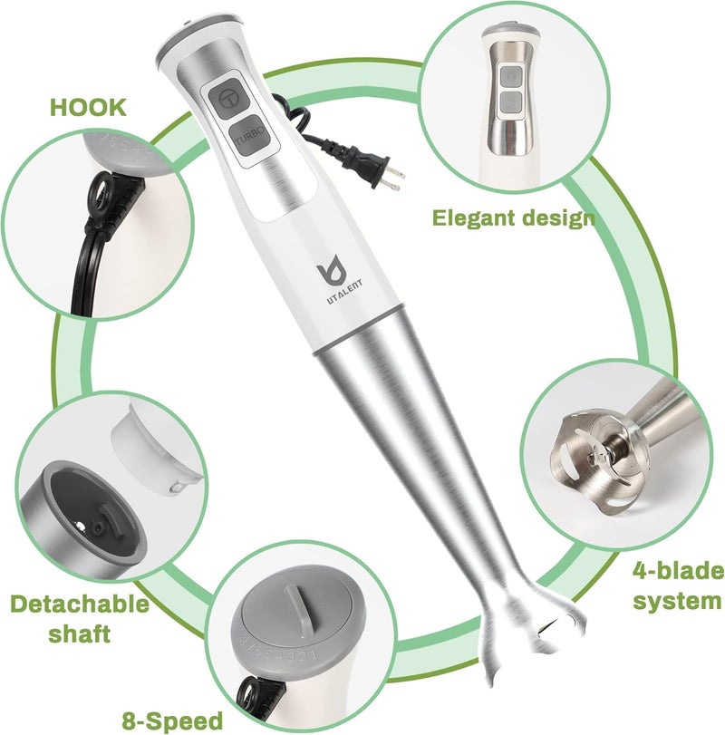 UTALENT Immersion Hand Blender, 3-in-1 8-Speed Stick Blender with Milk Frother, Egg Whisk for Smoothies, Coffee Milk Foam, Puree Baby Food, Sauces and Soups - White - Image 2
