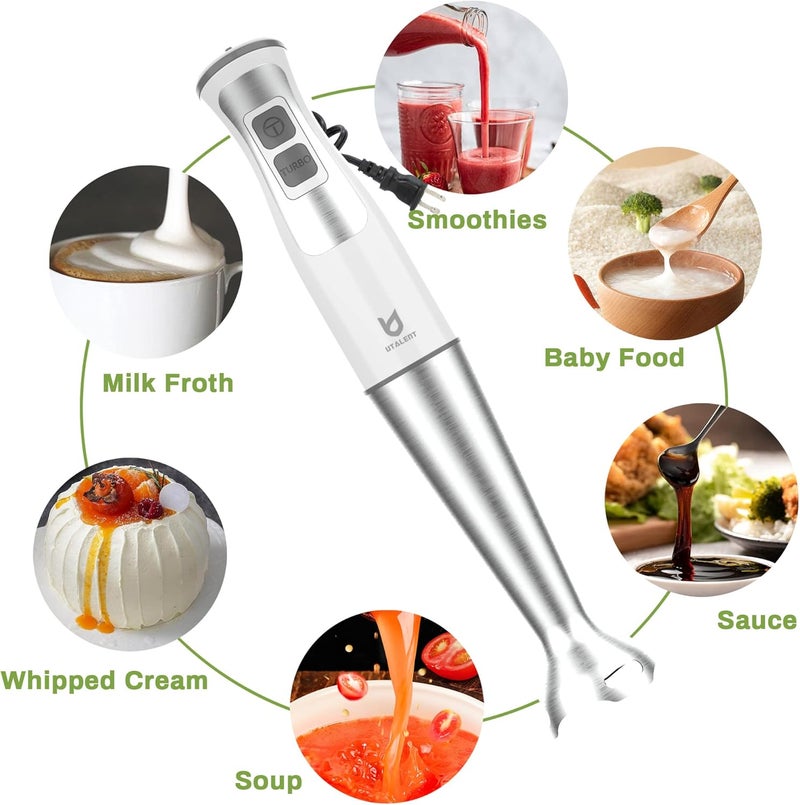 UTALENT Immersion Hand Blender, 3-in-1 8-Speed Stick Blender with Milk Frother, Egg Whisk for Smoothies, Coffee Milk Foam, Puree Baby Food, Sauces and Soups - White - Image 5