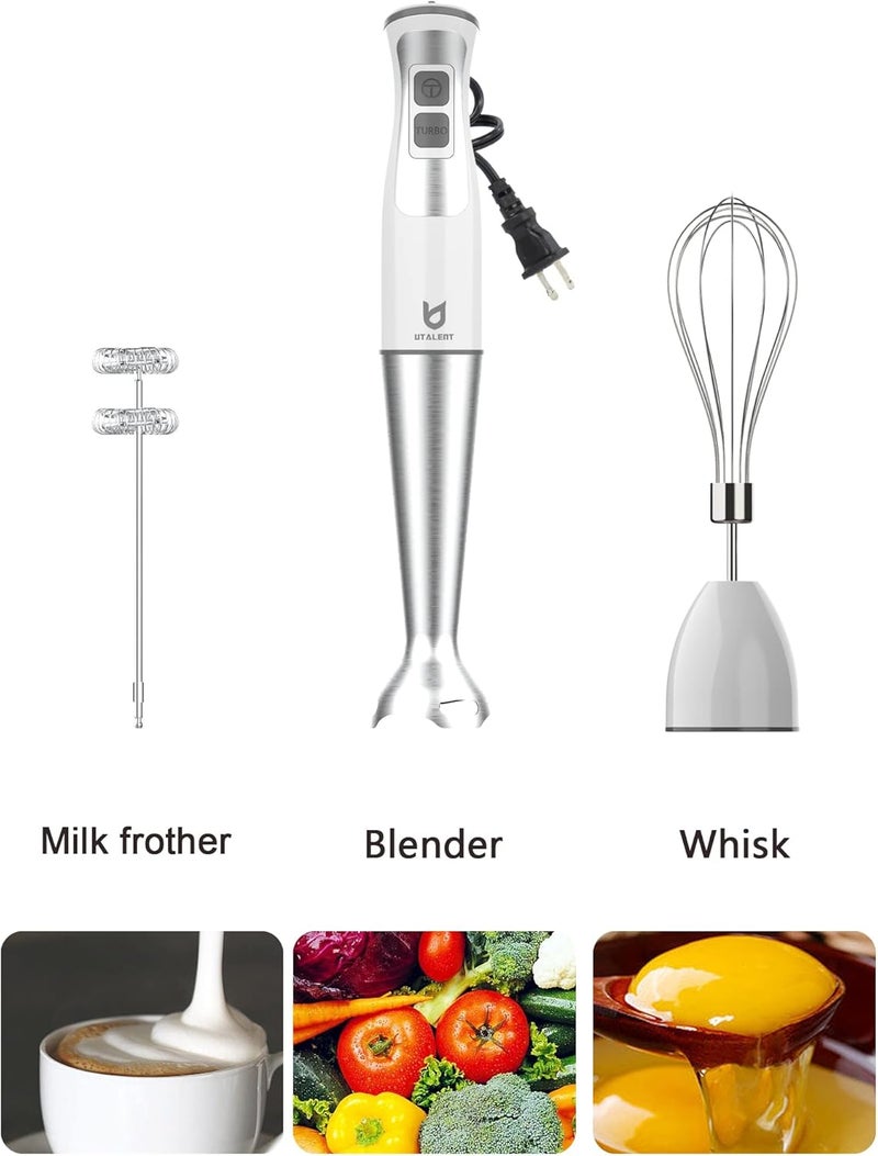 UTALENT Immersion Hand Blender, 3-in-1 8-Speed Stick Blender with Milk Frother, Egg Whisk for Smoothies, Coffee Milk Foam, Puree Baby Food, Sauces and Soups - White - Image 3