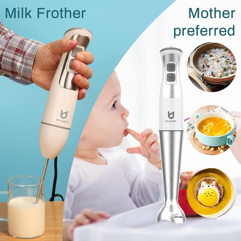 UTALENT Immersion Hand Blender, 3-in-1 8-Speed Stick Blender with Milk Frother, Egg Whisk for Smoothies, Coffee Milk Foam, Puree Baby Food, Sauces and Soups - White - Image 4