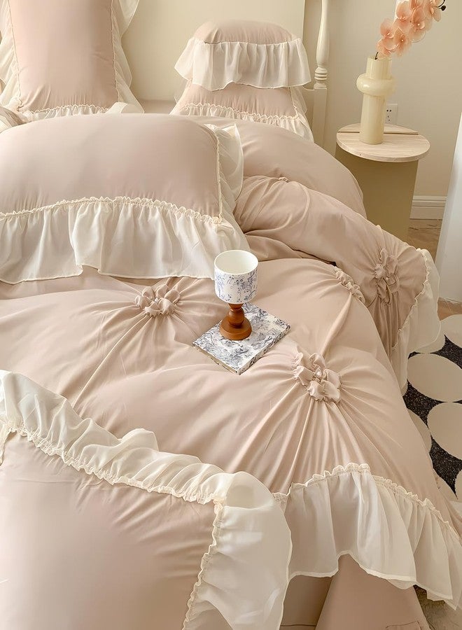 IHOUSTRIY Khaki Duvet Cover Queen Size - Pintuck Queen Duvet Cover Set Flower, 3 Piece Girls Ruffle Bedding with Zipper Closure, 1 Pinch Pleated Duvet Cover 90x90 inches and 2 Pillow Shams - Image 3