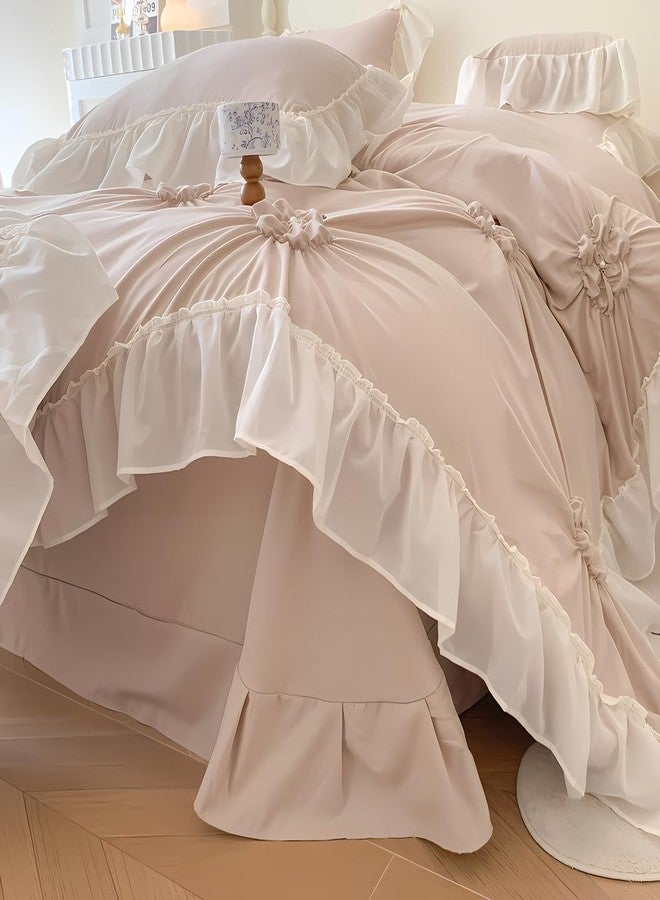 IHOUSTRIY Khaki Duvet Cover Queen Size - Pintuck Queen Duvet Cover Set Flower, 3 Piece Girls Ruffle Bedding with Zipper Closure, 1 Pinch Pleated Duvet Cover 90x90 inches and 2 Pillow Shams - Image 4