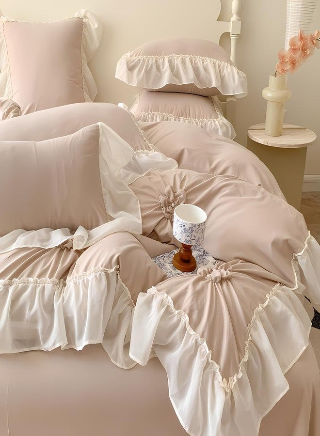 IHOUSTRIY Khaki Duvet Cover Queen Size - Pintuck Queen Duvet Cover Set Flower, 3 Piece Girls Ruffle Bedding with Zipper Closure, 1 Pinch Pleated Duvet Cover 90x90 inches and 2 Pillow Shams - Image 5