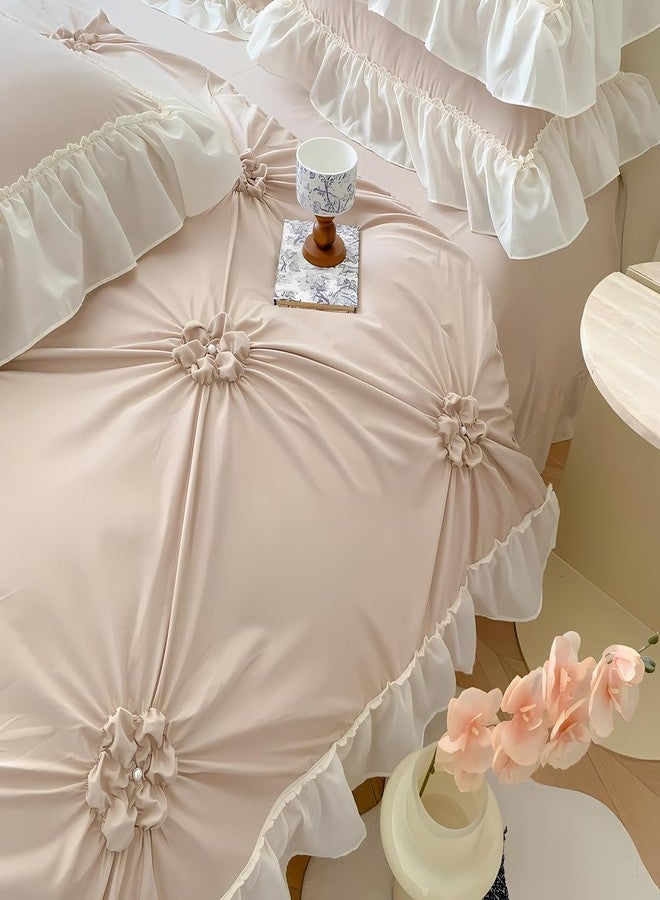 IHOUSTRIY Khaki Duvet Cover Queen Size - Pintuck Queen Duvet Cover Set Flower, 3 Piece Girls Ruffle Bedding with Zipper Closure, 1 Pinch Pleated Duvet Cover 90x90 inches and 2 Pillow Shams - Image 2