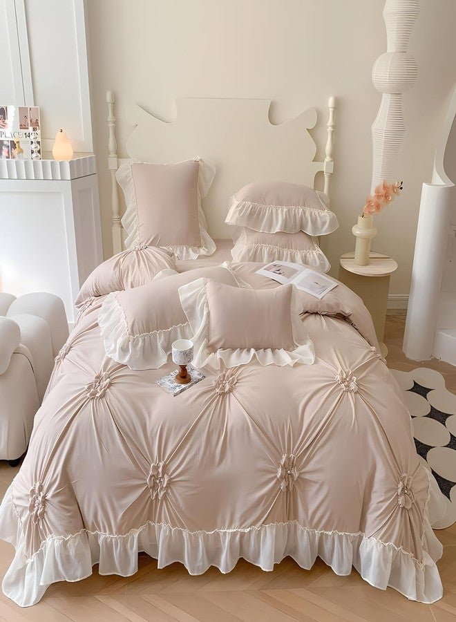 IHOUSTRIY Khaki Duvet Cover Queen Size - Pintuck Queen Duvet Cover Set Flower, 3 Piece Girls Ruffle Bedding with Zipper Closure, 1 Pinch Pleated Duvet Cover 90x90 inches and 2 Pillow Shams - Image 1