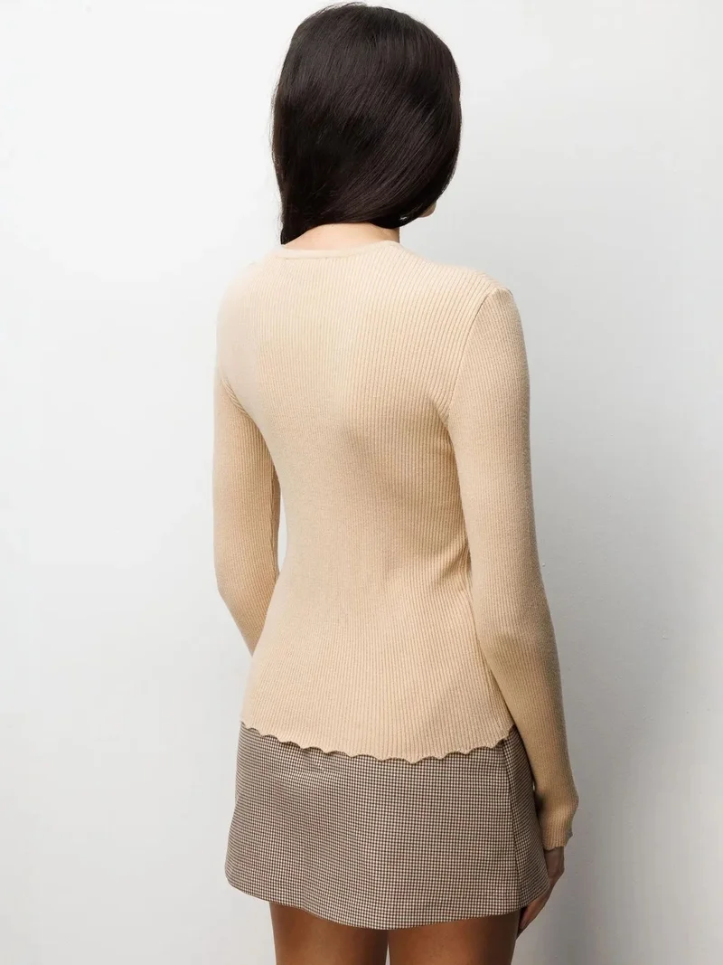 MixRay Tan Natural MIXRAY Ribbed Knit Buttoned Cardigan for Women | Best Price UAE