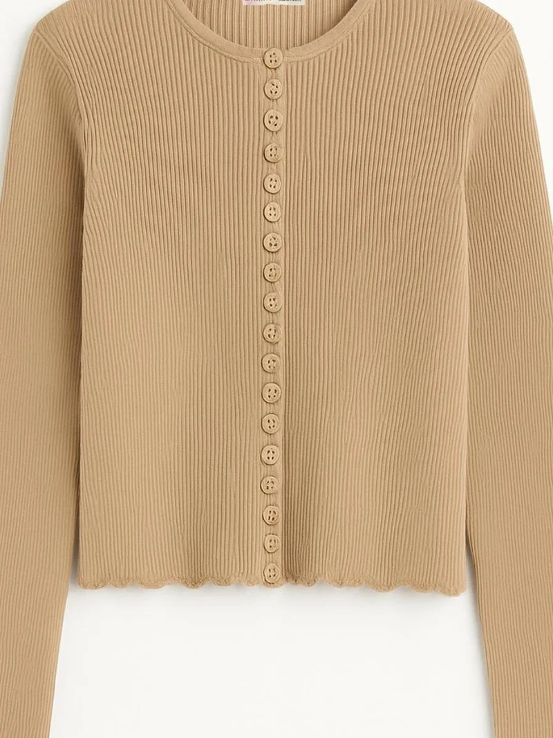 MixRay Tan Natural MIXRAY Ribbed Knit Buttoned Cardigan for Women | Best Price UAE