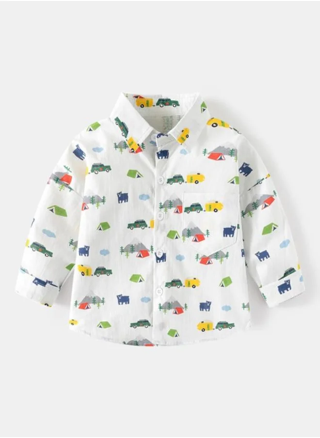 يونيكي White Collared Long Sleeve Printed Shirt