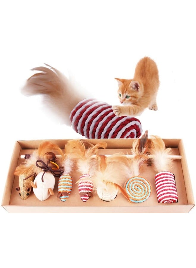 Coodipet 7 PCS Cat Feather Toys, with Wooden Wand handle and 6 Feather/Plush Attachments, Interactive Cat Toy Wand for Indoor Cat and Kitten - Image 1