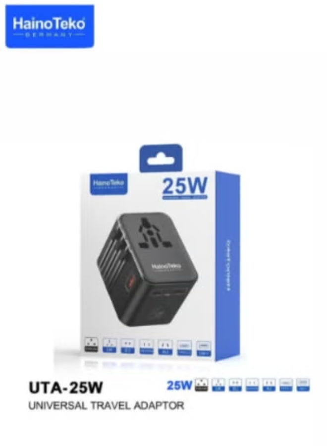 هينوتيكو Universal Travel Adapter 25W with USB-C & USB-A Ports – Compact Worldwide Power Adapter with AC Outlet, High-Speed Charger for Europe, UK, US, AU & Asia – International Charging Plug (Black) - Image 4