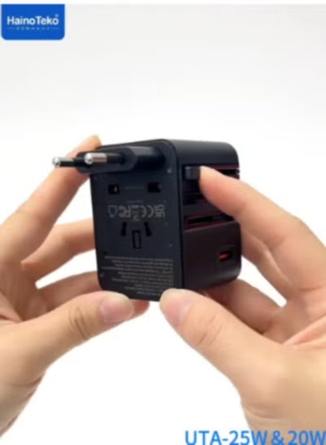 هينوتيكو Universal Travel Adapter 25W with USB-C & USB-A Ports – Compact Worldwide Power Adapter with AC Outlet, High-Speed Charger for Europe, UK, US, AU & Asia – International Charging Plug (Black) - Image 3