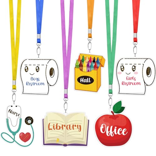 Weekgrat 6 Sets Acrylic Back to School Hall Pass Lanyards Unbreakable School Passes Set for Teachers Cute Classroom Passes for Bathroom, Office, Library and Nurse Classroom Supplies(Cute) - Image 1