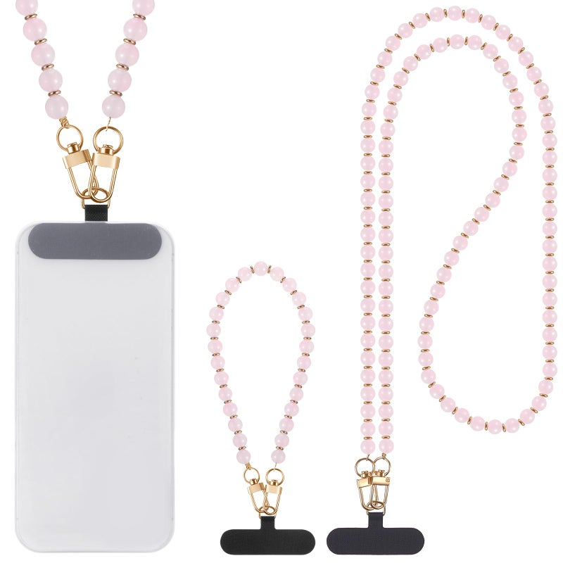 Weewooday 2 Pack Pink Gemstone Beaded Phone Lanyard Crossbody Wrist Bracelet Strap with Tether Tab for Women Most Phone - Image 1