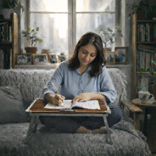 YAJNAS Laptop Table for Bed Foldable & Height Adjustable | Portable Study Table for Students & Work from Home | Multipurpose Lap Desk for Writing Reading Office Home | Wooden Texture 15x26 Inch - Image 2