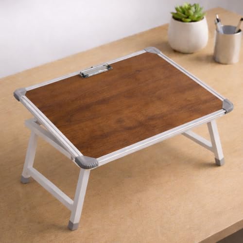 YAJNAS Laptop Table for Bed Foldable & Height Adjustable | Portable Study Table for Students & Work from Home | Multipurpose Lap Desk for Writing Reading Office Home | Wooden Texture 15x26 Inch - Image 3