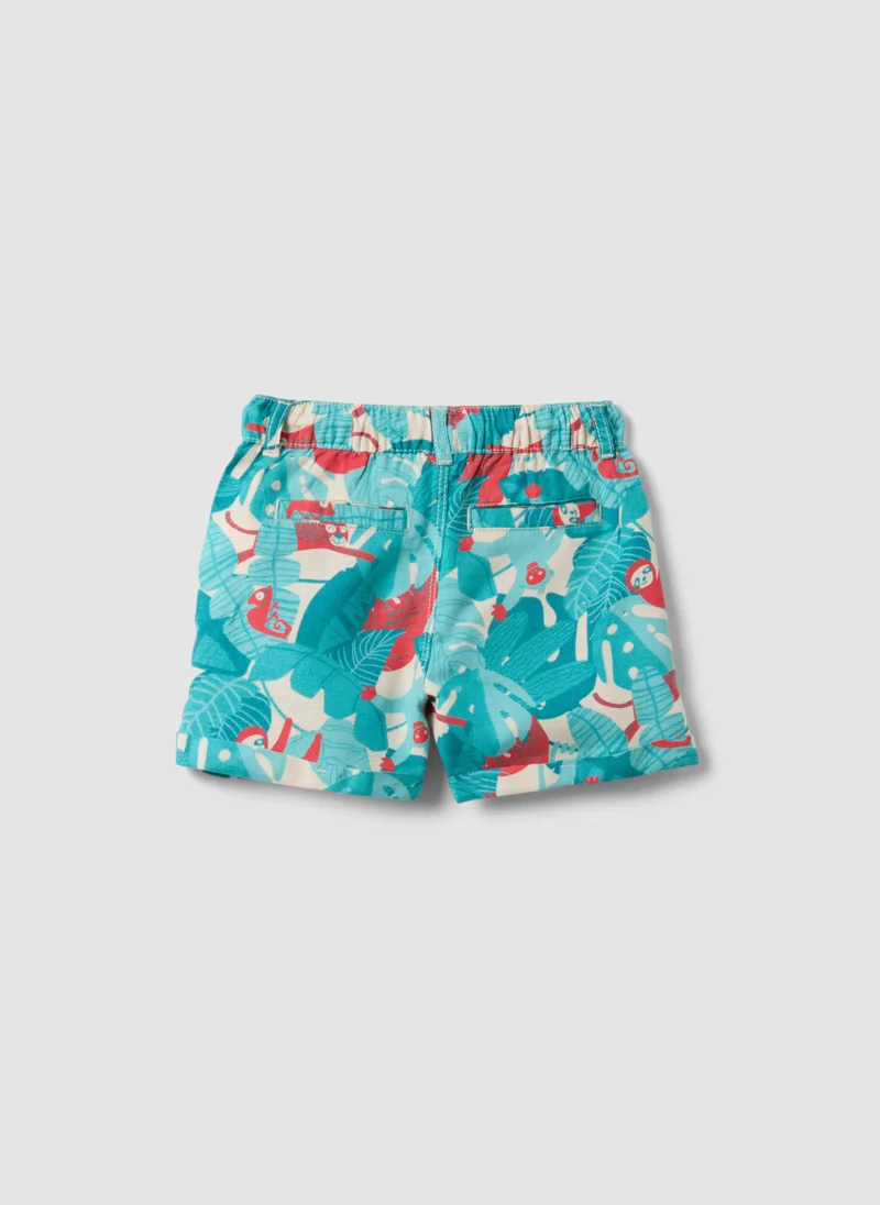 او في اس OVS Blue Viscose-Linen Blend Tropical Print Shorts For Boys, Regular Fit