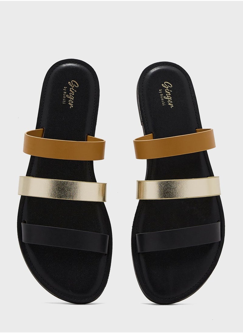 Ginger - Triple Strap Flat Sandal Black - Image 1
