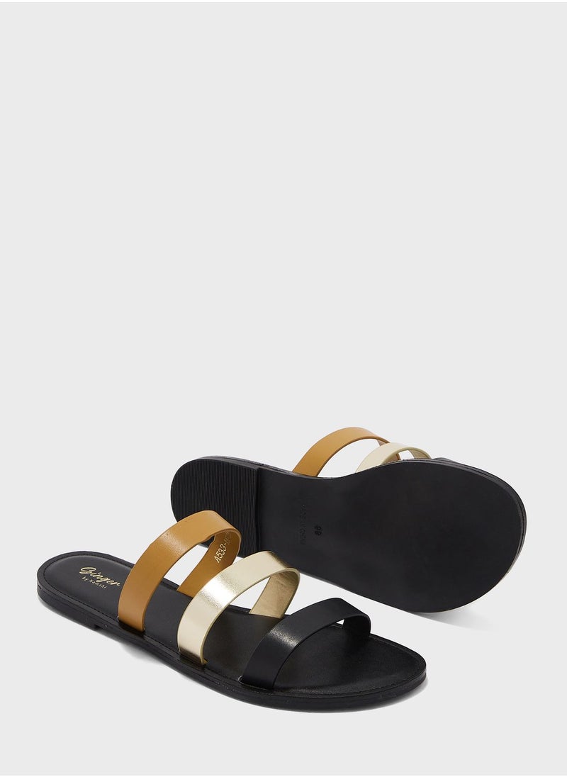 Ginger - Triple Strap Flat Sandal Black - Image 1