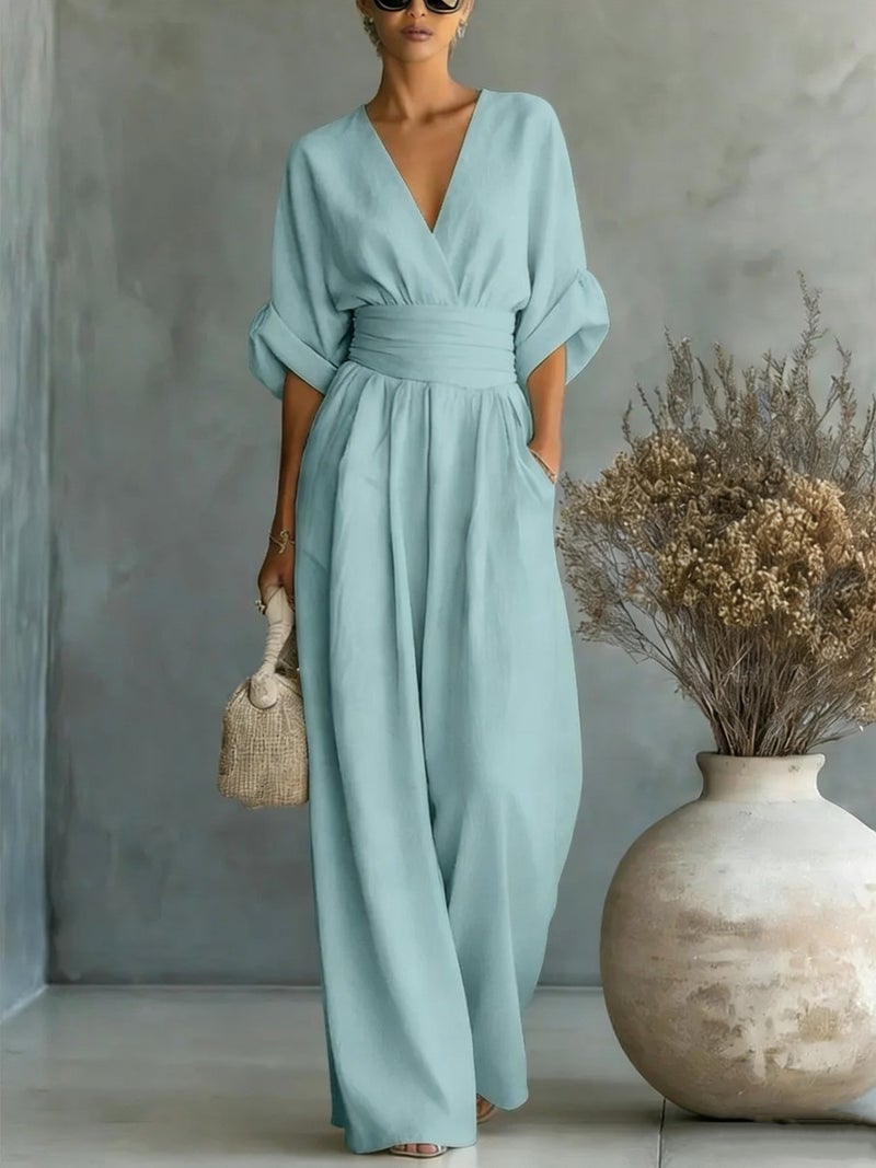 2026 European and American Cross-Border Spring/Summer New Elegant High-Waisted V-Neck Jumpsuit