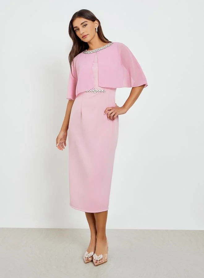 Styli  Women Embellished Cape Sleeve Sheath Midi Dress for Women | Best Price UAE