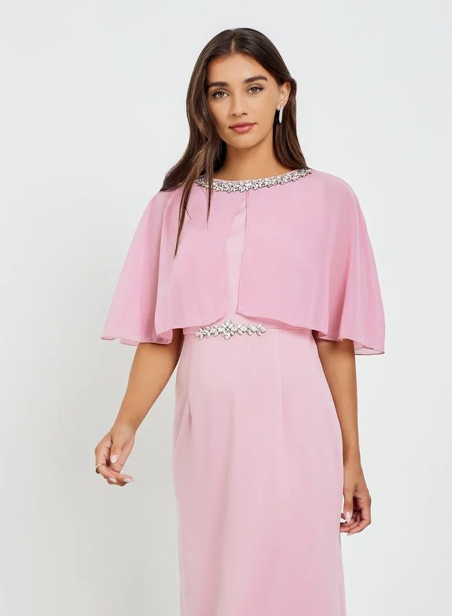 Styli  Women Embellished Cape Sleeve Sheath Midi Dress for Women | Best Price UAE