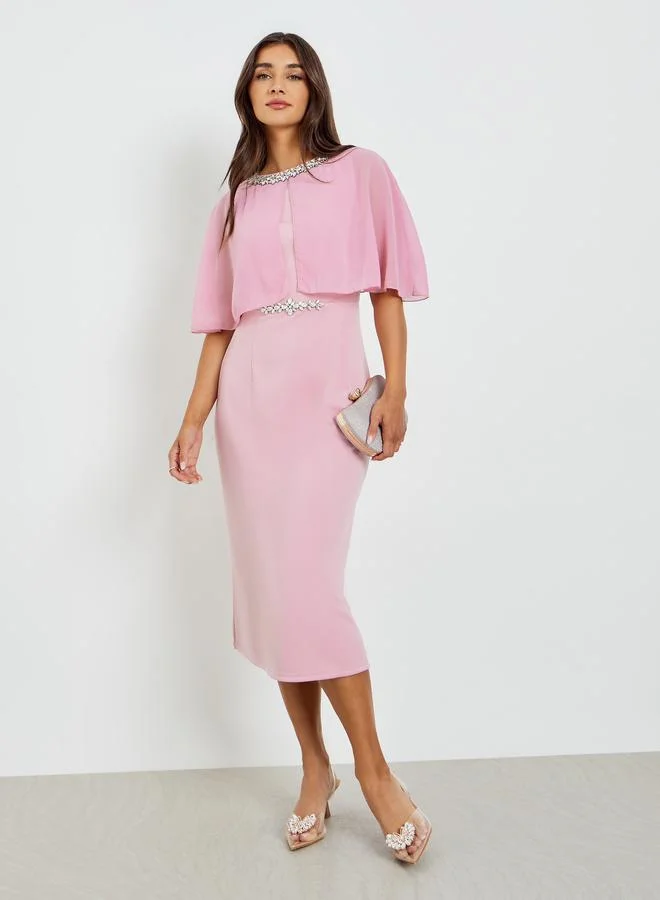 Women Embellished Cape Sleeve Sheath Midi Dress