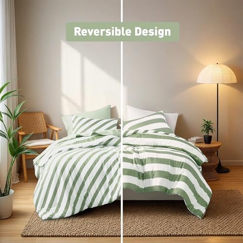 Regency Heights Reversible Striped Queen Comforter Set, Soft Microfiber Bedding Set with Double-sided Stripes Design, Warm & Cozy for All-Seasons, 3-Piece Comforter and Shams Set Queen Size, Sage Green - Image 3