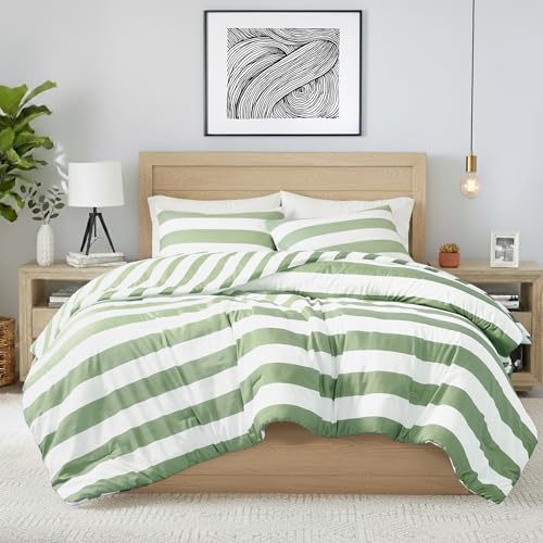 Regency Heights Reversible Striped Queen Comforter Set, Soft Microfiber Bedding Set with Double-sided Stripes Design, Warm & Cozy for All-Seasons, 3-Piece Comforter and Shams Set Queen Size, Sage Green - Image 1