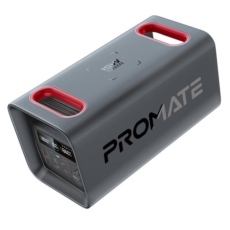 Promate PowerTank-600 Portable 600W LiFePO4 Generator with 161000mAh Battery, Dual AC Outlets, PD100W USB-C, 15W Wireless Charger, DC Port, Solar Ready, Bluetooth Control UK Black - Image 1