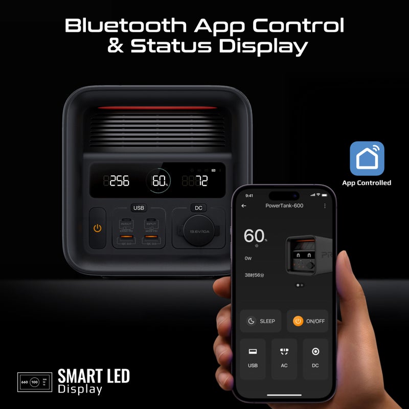 Promate PowerTank-600 Portable 600W LiFePO4 Generator with 161000mAh Battery, Dual AC Outlets, PD100W USB-C, 15W Wireless Charger, DC Port, Solar Ready, Bluetooth Control UK Black - Image 5