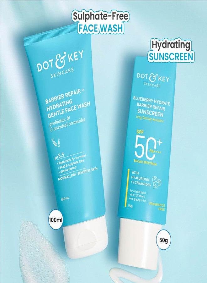 Dot & Key Barrier Repair + Hydrating Gentle Face Wash 100ml & Dot & Key Blueberry Hydrate Barrier Repair Sunscreen SPF 50+ PA++++ 50g | Skin Care Combo | For Dry & Sensitive Skin | For Women & Men - Image 2