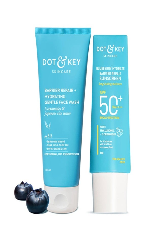 Dot & Key Barrier Repair + Hydrating Gentle Face Wash 100ml & Dot & Key Blueberry Hydrate Barrier Repair Sunscreen SPF 50+ PA++++ 50g | Skin Care Combo | For Dry & Sensitive Skin | For Women & Men - Image 1