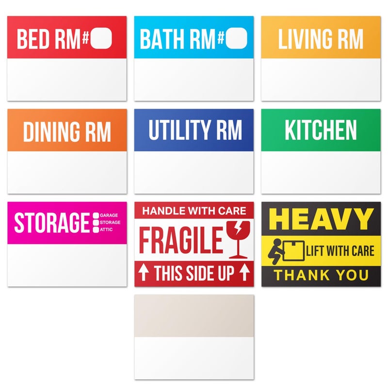 OfficeSmartLabels Home Moving Labels (3 x 2 inch, 10 Designs - 300 Labels) for 1-2 Bedroom, Color Coded Moving Stickers w/Writable Note Area, Fragile, Heavy & Extra Blank Stickers - Image 1