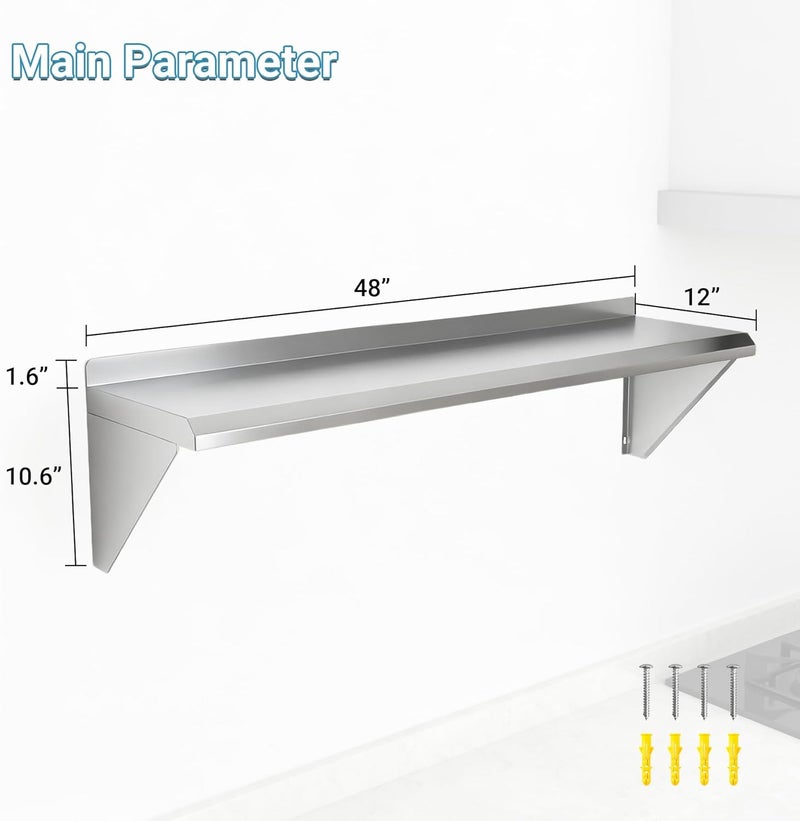 Toriexon Stainless Steel Shelf 48" x 12" 2PCS, 350LBS Wall Mount Floating Shelving for Kitchen, Bar, Restaurant and Garage - Image 3