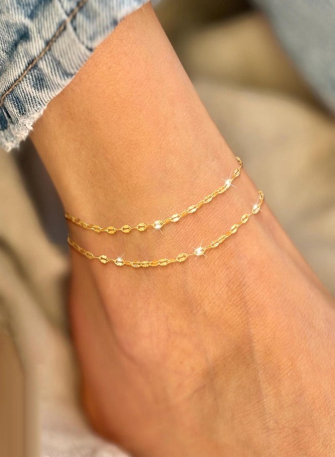 Robaice Ankle Bracelets for Women, Glitter Waterproof Adjustable Anklet for Women, 14K Gold Plated/Sterling Silver Layered Anklets, Summer Beach Anklet Jewelry for Women Gift, 8.5"+2", brass - Image 4