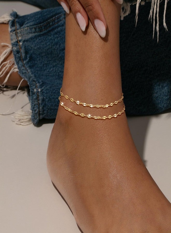 Robaice Ankle Bracelets for Women, Glitter Waterproof Adjustable Anklet for Women, 14K Gold Plated/Sterling Silver Layered Anklets, Summer Beach Anklet Jewelry for Women Gift, 8.5"+2", brass - Image 2