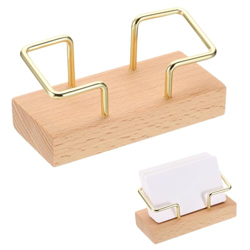 OFIFO® Business Card Holder Stand with Golden Wire and Wooden Base, Modern Desk Name Card Organizer, Fits 70 Standard Cards, Easy Access for Office, Hotel Reception, Countertop, 4.33x1.81x2.05 Inches - Image 1