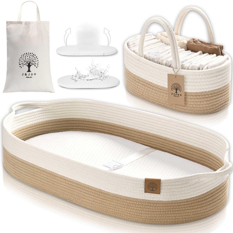 JJOO J&JOO Baby Changing Basket includes Diaper Caddy - Soft & Waterproof Dual-Cover, Portable, Changing Pad for Dresser & Changing Table, Gift for Baby Shower, Organic Cotton Rope - Image 1