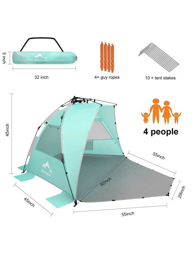 Oileus X-Large 4 Person Beach Tent Sun Shelter - Portable Sun Shade Instant Tent for Beach with Carrying Bag, Stakes, 6 Sand Pockets, Anti UV for Fishing Hiking Camping, Waterproof, Light Green - Image 2