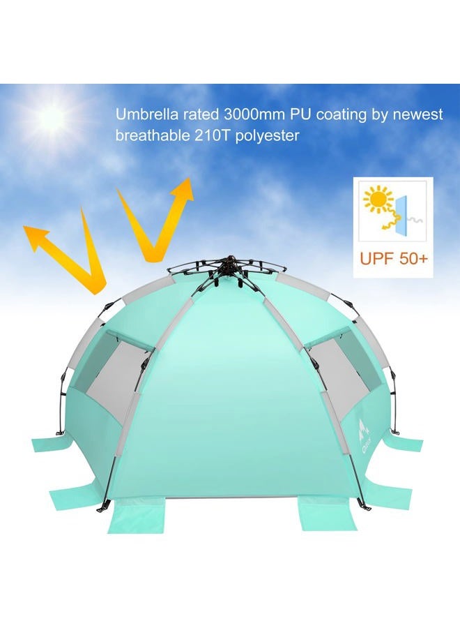 Oileus X-Large 4 Person Beach Tent Sun Shelter - Portable Sun Shade Instant Tent for Beach with Carrying Bag, Stakes, 6 Sand Pockets, Anti UV for Fishing Hiking Camping, Waterproof, Light Green - Image 4