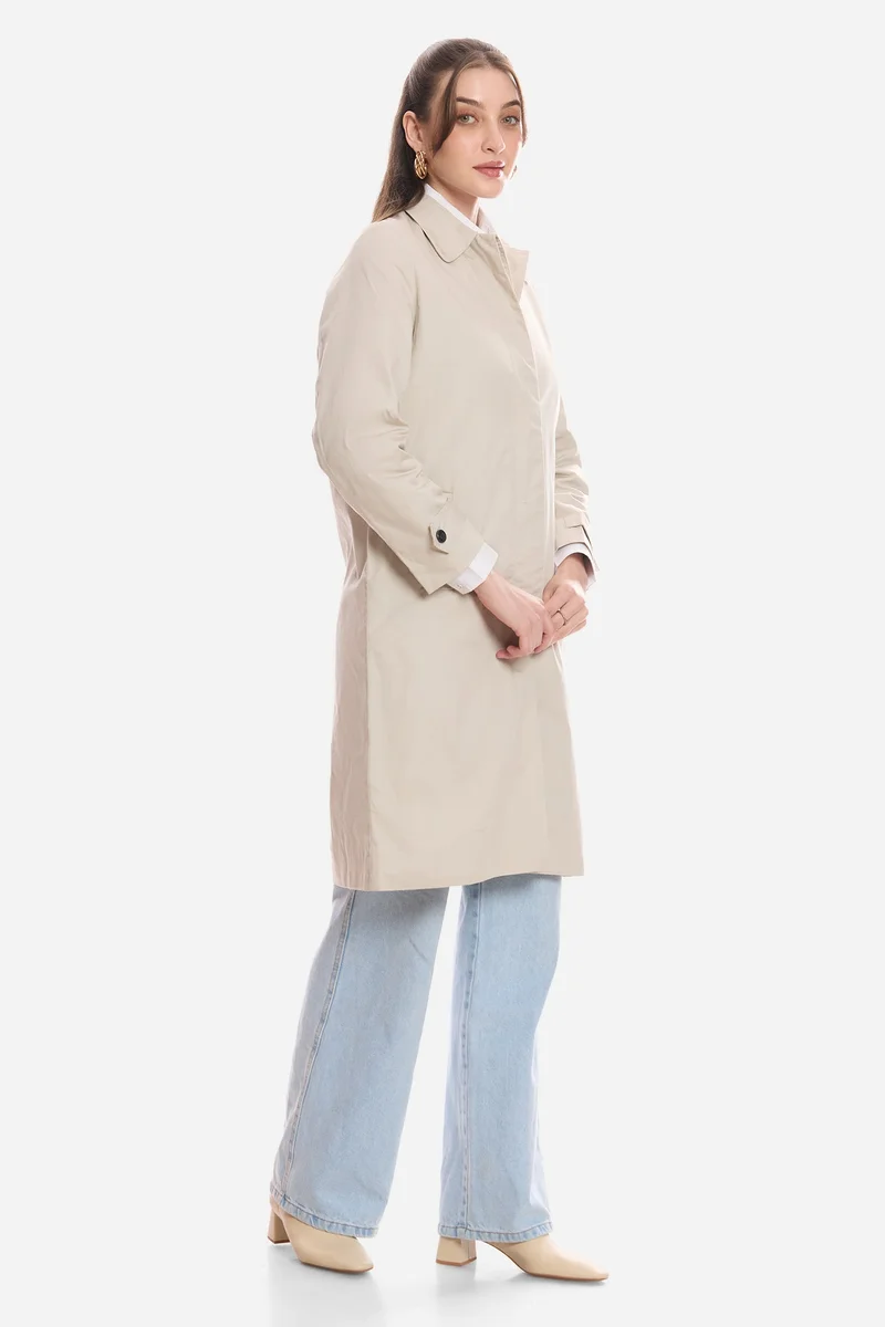 Virgio Cream Solid Cotton Shirt Collared Trench Coat for Women for Women | Best Price UAE