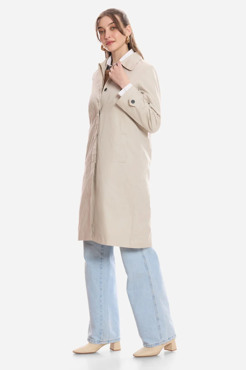 Virgio Cream Solid Cotton Shirt Collared Trench Coat for Women for Women | Best Price UAE