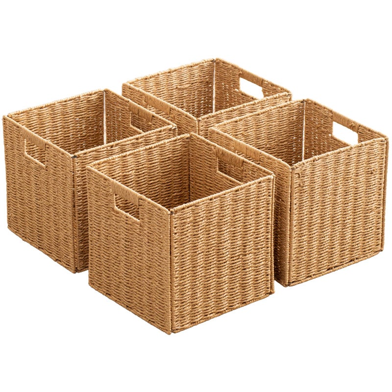 ChubanCraft Foldable Storage Baskets with Handles Paper Rope Storage Baskets Rectangle Collapsible Hand Woven Storage Cubes Bins for Organizing Shelves Living Room Bedroom Pantry (4, 11'' x 11'' x 11'') - Image 1