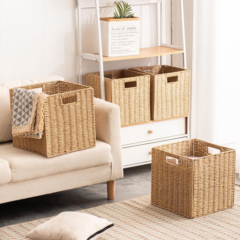 ChubanCraft Foldable Storage Baskets with Handles Paper Rope Storage Baskets Rectangle Collapsible Hand Woven Storage Cubes Bins for Organizing Shelves Living Room Bedroom Pantry (4, 11'' x 11'' x 11'') - Image 3