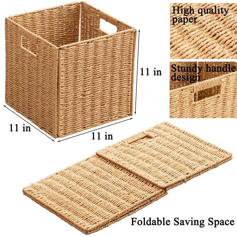 ChubanCraft Foldable Storage Baskets with Handles Paper Rope Storage Baskets Rectangle Collapsible Hand Woven Storage Cubes Bins for Organizing Shelves Living Room Bedroom Pantry (4, 11'' x 11'' x 11'') - Image 2