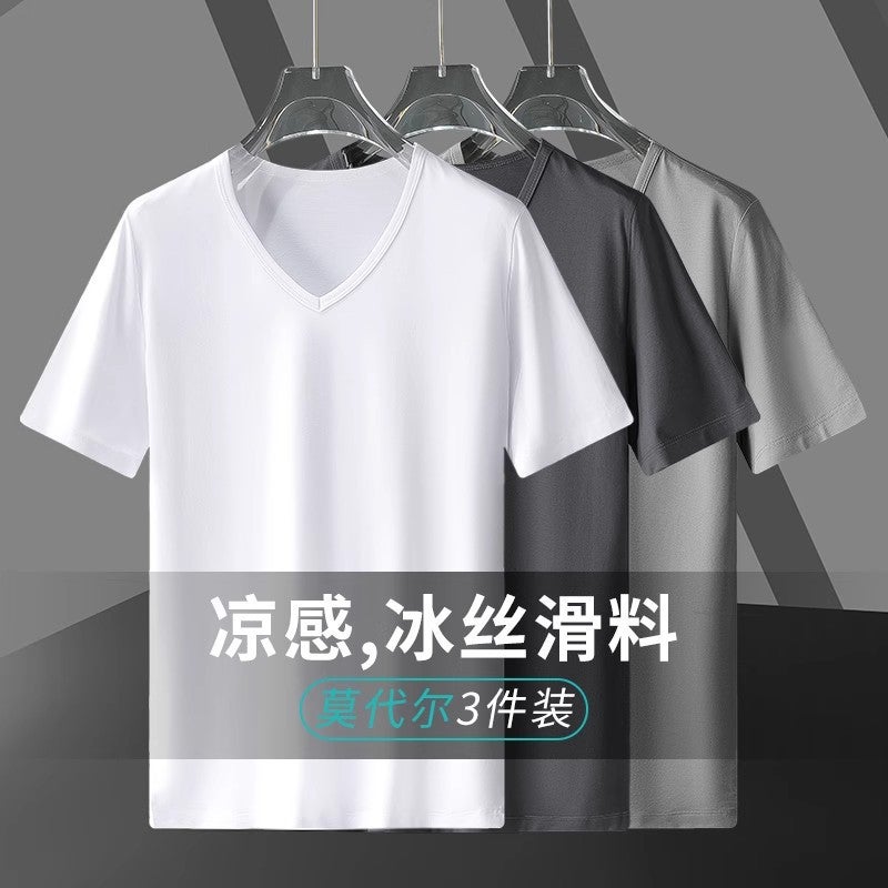 تي شيرت قصير الأكمام من قطن مودال آيس سيلك للرجال 2024 صيف جديد بلون موحد بتصميم على شكل V باللون الرمادي الفاتح - Image 5