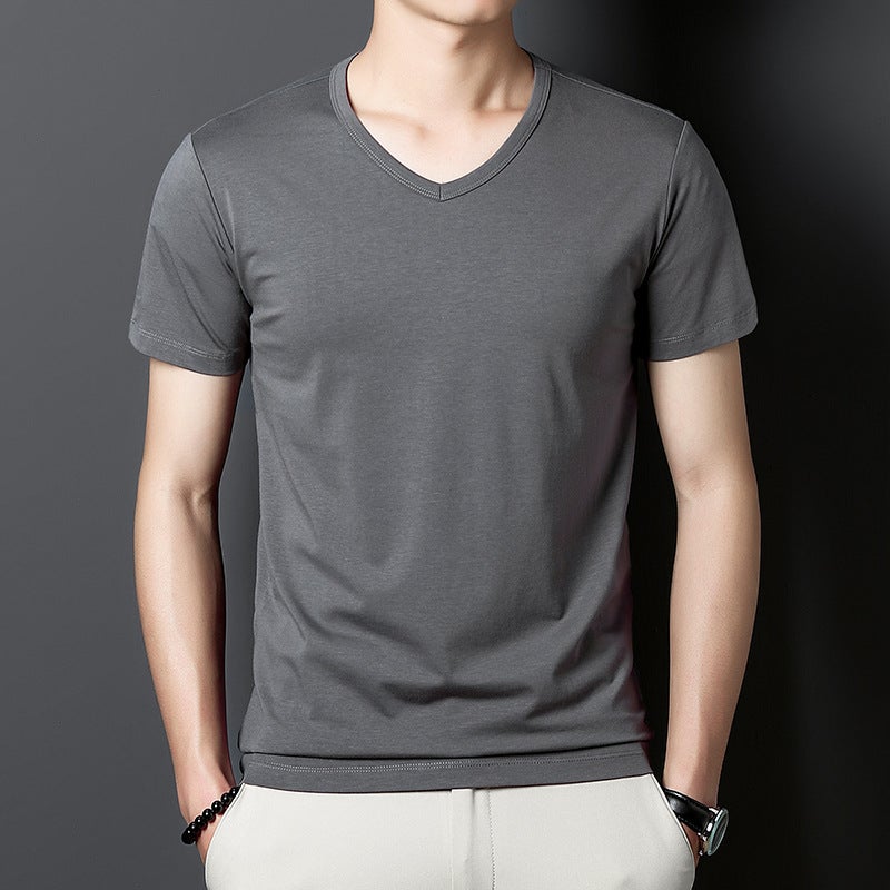 تي شيرت قصير الأكمام من قطن مودال آيس سيلك للرجال 2024 صيف جديد بلون موحد بتصميم على شكل V باللون الرمادي الفاتح - Image 2