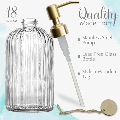 JASAI 18Oz Glass Soap Dispenser with Golden Pump for Kitchen,Refillable Liquid Hand soap Dispenser with Vertical Stripe, Clear Soap Dispenser Bathroom for Hand soap, Dish Soap, Lotion - Image 2