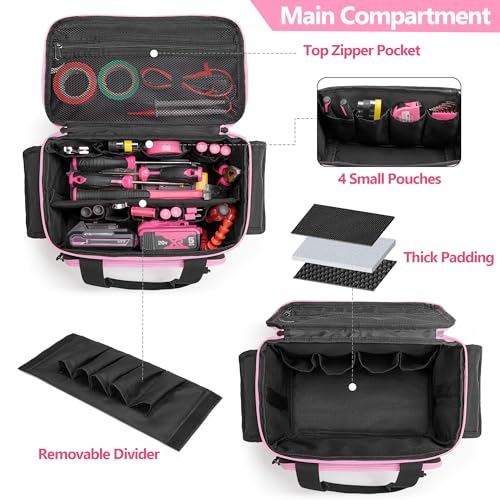 Rexmica Pink Tool Bag for Women, Tool Storage Organizer with Anti-friction and Thick Padded Bottom, Tactical Range Bag, Multi-functional Work Bag for Repairman, Electrician, Carpenters, Pink - Image 2